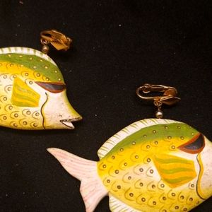 Vintage One of a Kind Wooden Clip On Fish Earrings